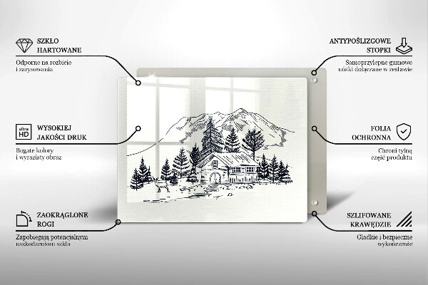Chopping board glass Drawing a house in the mountains