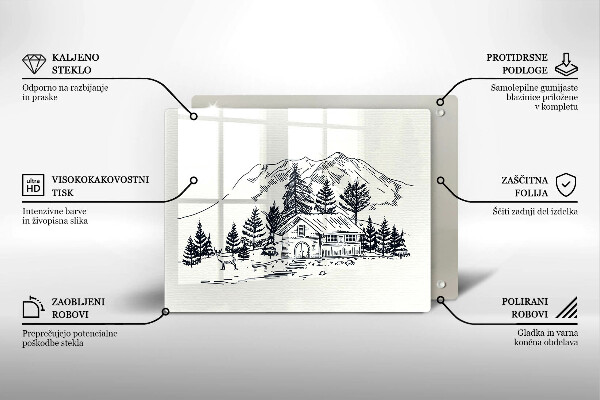Chopping board glass Drawing a house in the mountains