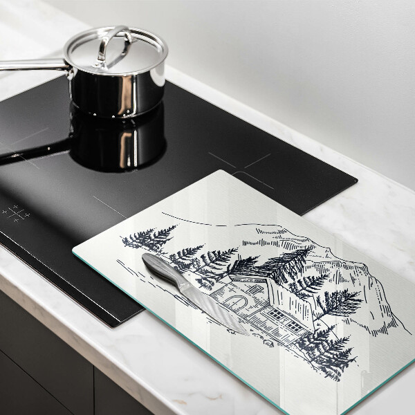 Chopping board glass Drawing a house in the mountains