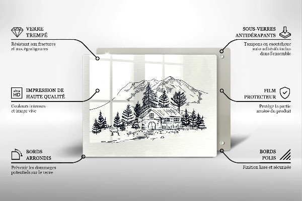 Chopping board glass Drawing a house in the mountains
