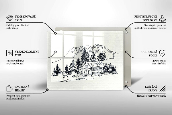 Chopping board glass Drawing a house in the mountains