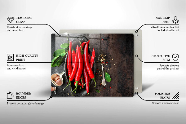 Chopping board glass Red chili peppers
