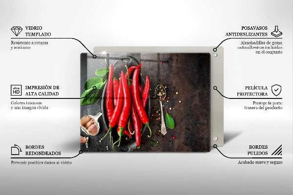 Chopping board glass Red chili peppers