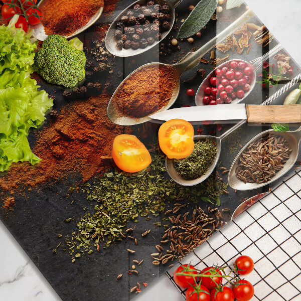 Chopping board Spoons with spices