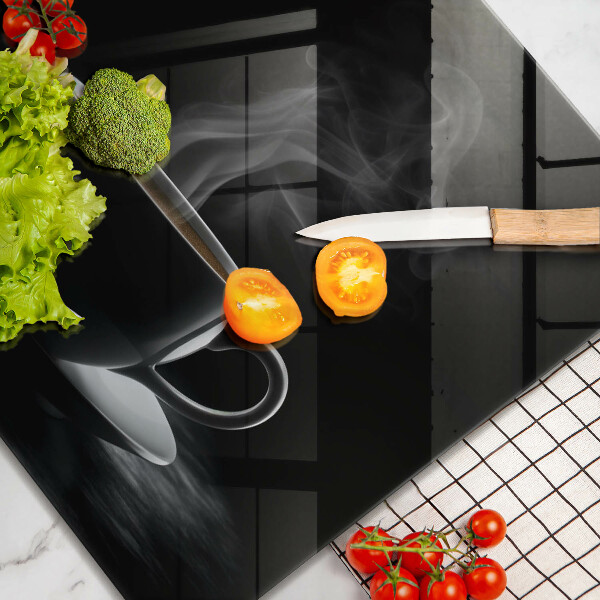 Chopping board Hot cup of coffee