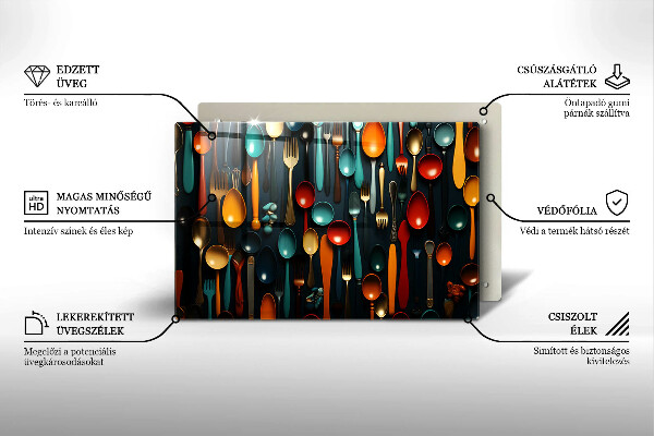 Chopping board glass Colorful spoons and forks