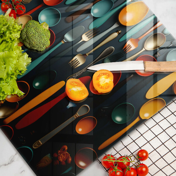 Chopping board glass Colorful spoons and forks