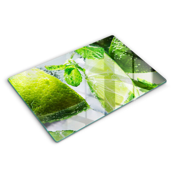 Chopping board glass Water with lime and ice