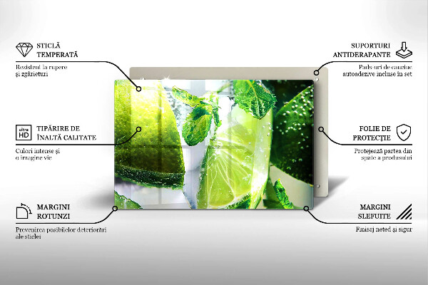 Chopping board glass Water with lime and ice