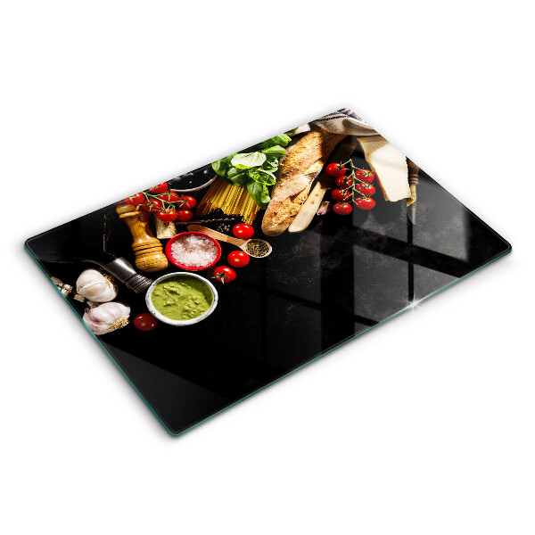 Chopping board glass Italian ingredients and spices