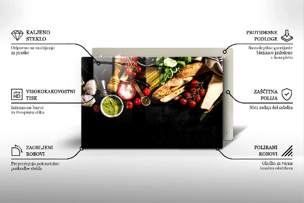 Chopping board glass Italian ingredients and spices