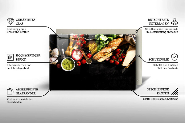 Chopping board glass Italian ingredients and spices