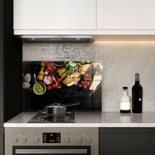 Chopping board glass Italian ingredients and spices