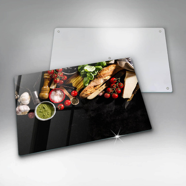 Chopping board glass Italian ingredients and spices