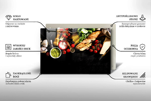Chopping board glass Italian ingredients and spices