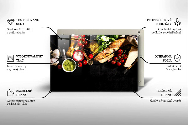 Chopping board glass Italian ingredients and spices