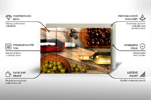 Chopping board glass Bottles of wine and grapes