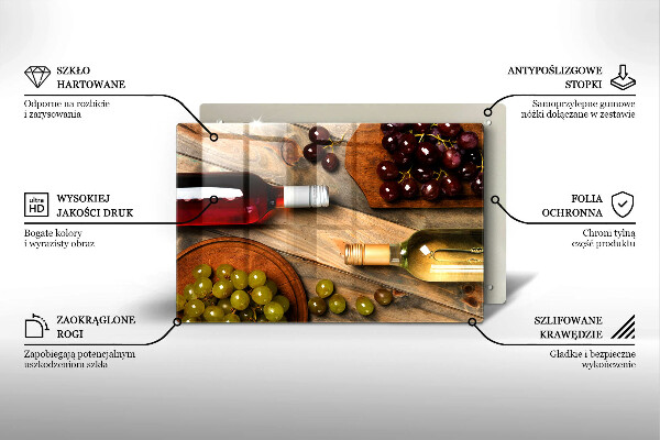 Chopping board glass Bottles of wine and grapes