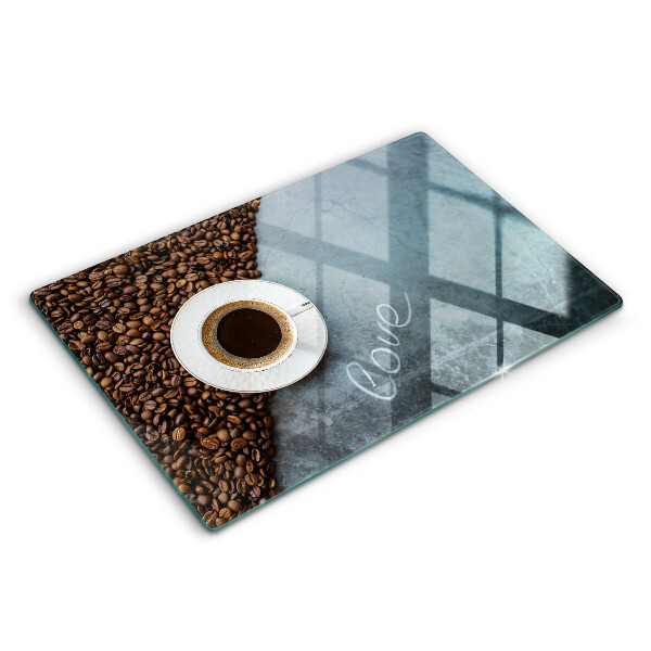 Chopping board Coffee beans and cup