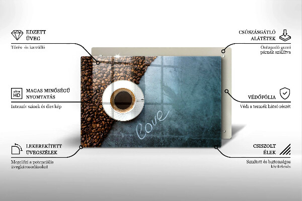 Chopping board Coffee beans and cup