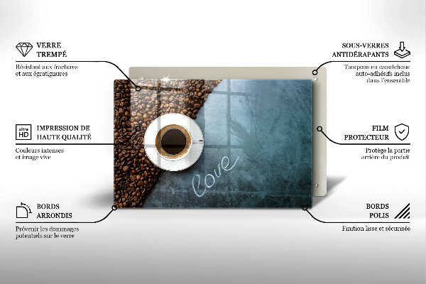 Chopping board Coffee beans and cup