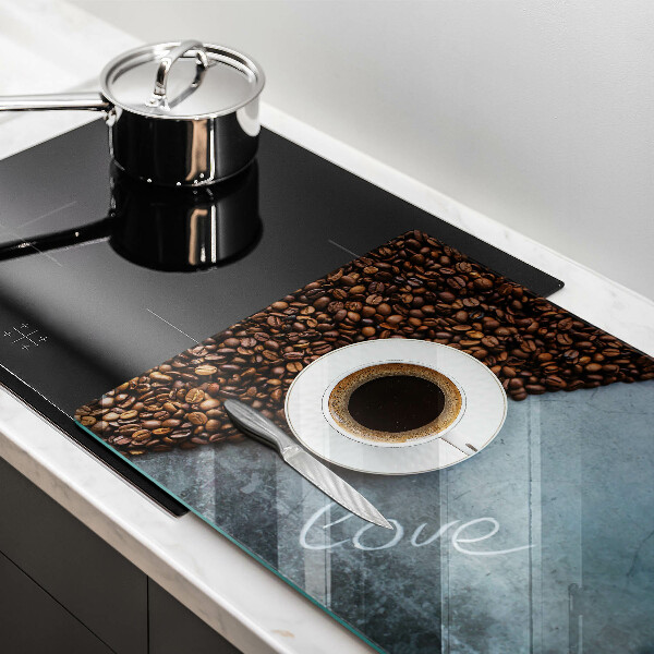 Chopping board Coffee beans and cup