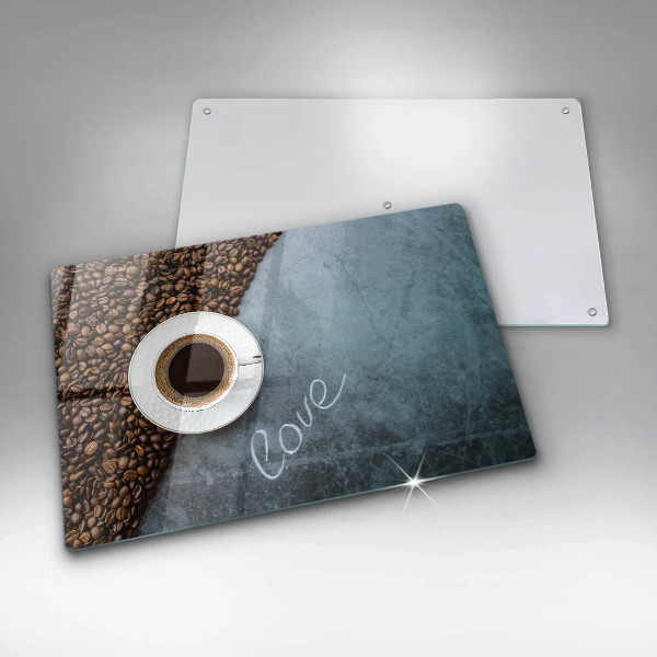 Chopping board Coffee beans and cup