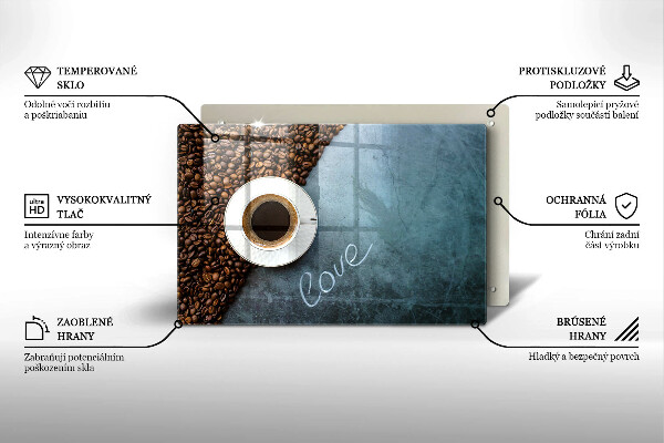 Chopping board Coffee beans and cup