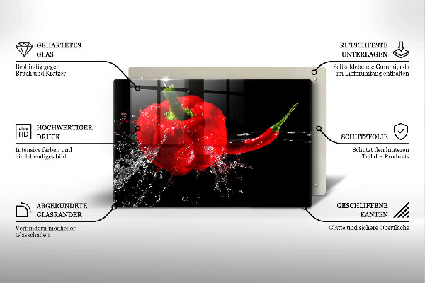 Chopping board glass Red peppers in water