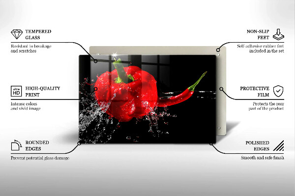 Chopping board glass Red peppers in water
