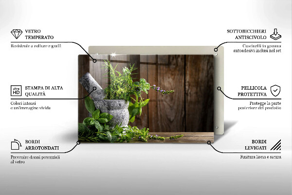 Chopping board glass Herbs plants and wood