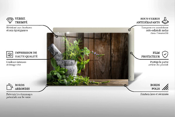 Chopping board glass Herbs plants and wood