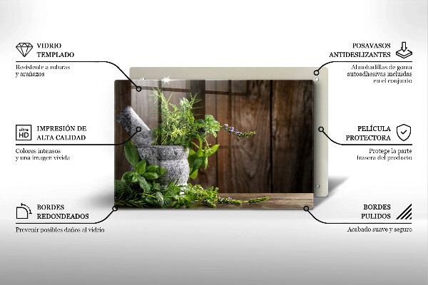 Chopping board glass Herbs plants and wood