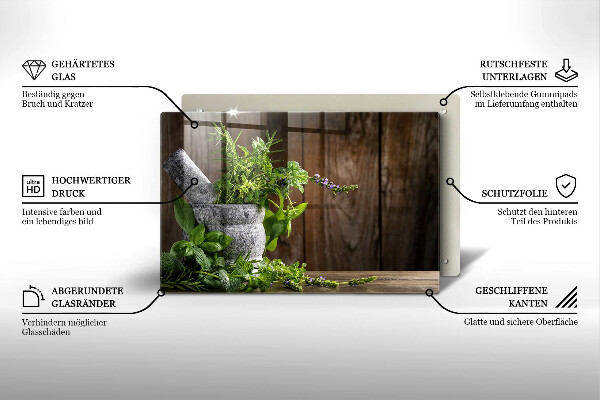 Chopping board glass Herbs plants and wood