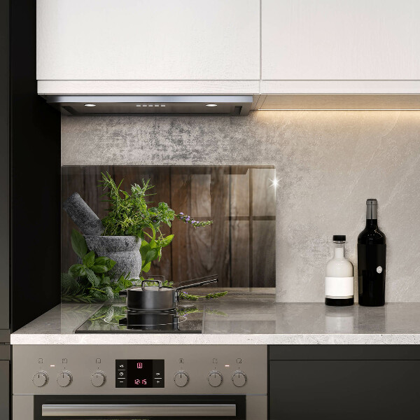 Chopping board glass Herbs plants and wood