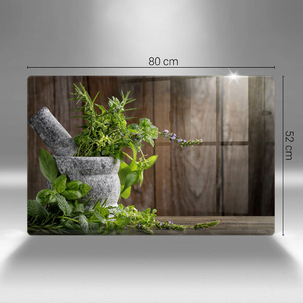 Chopping board glass Herbs plants and wood