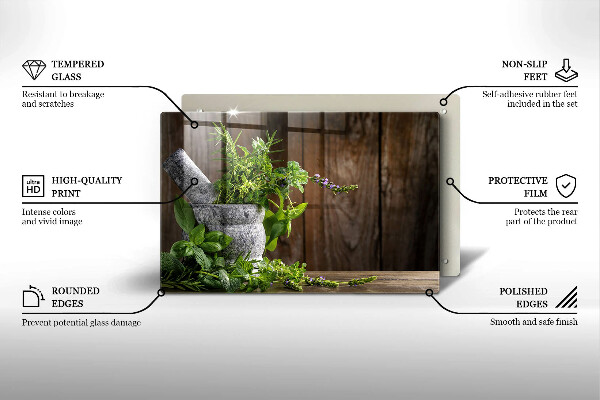 Chopping board glass Herbs plants and wood