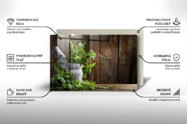 Chopping board glass Herbs plants and wood