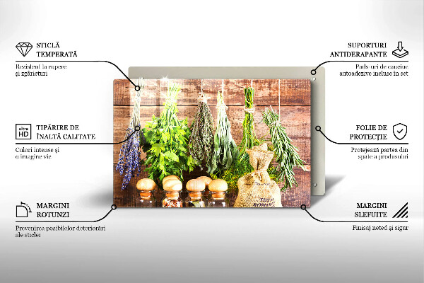 Chopping board glass Herbs spices and wood