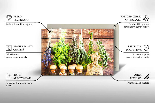 Chopping board glass Herbs spices and wood