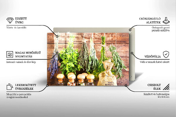 Chopping board glass Herbs spices and wood