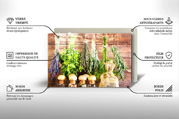 Chopping board glass Herbs spices and wood