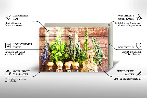 Chopping board glass Herbs spices and wood