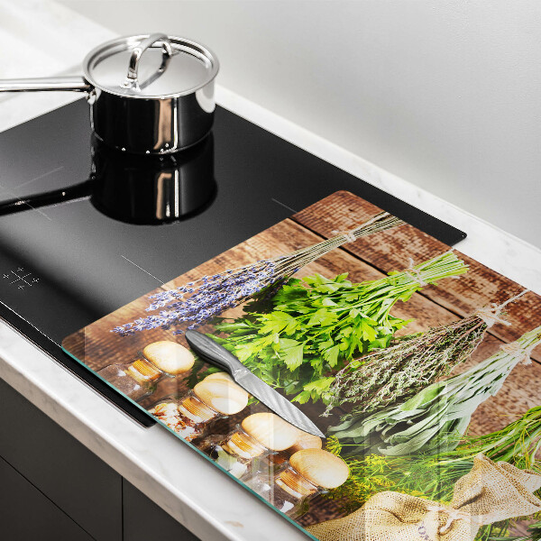 Chopping board glass Herbs spices and wood