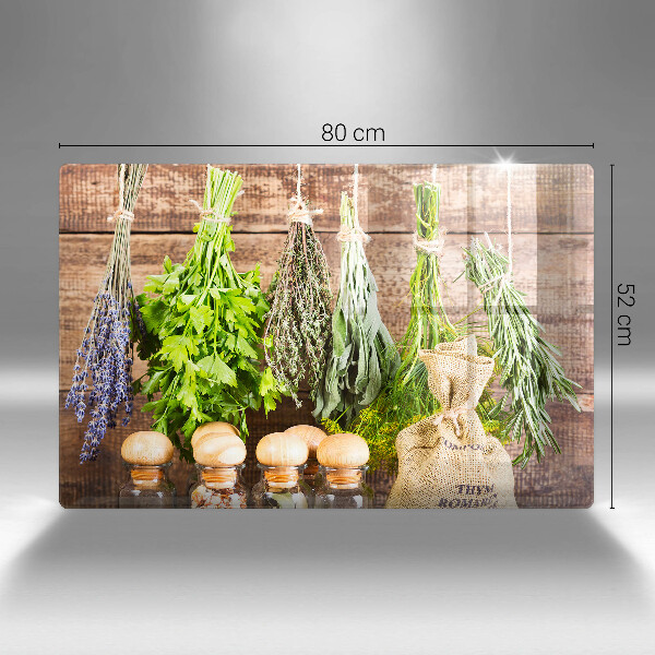 Chopping board glass Herbs spices and wood