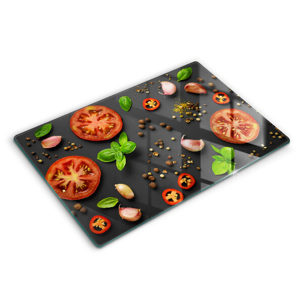 Chopping board glass Tomatoes and spices