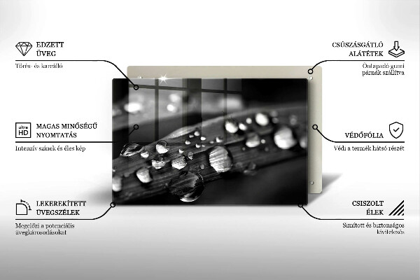 Chopping board glass Drops of dew on the leaves
