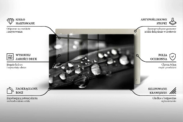 Chopping board glass Drops of dew on the leaves