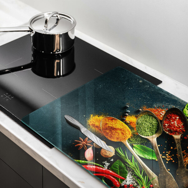 Glass kitchen board Kitchen spices of spoon