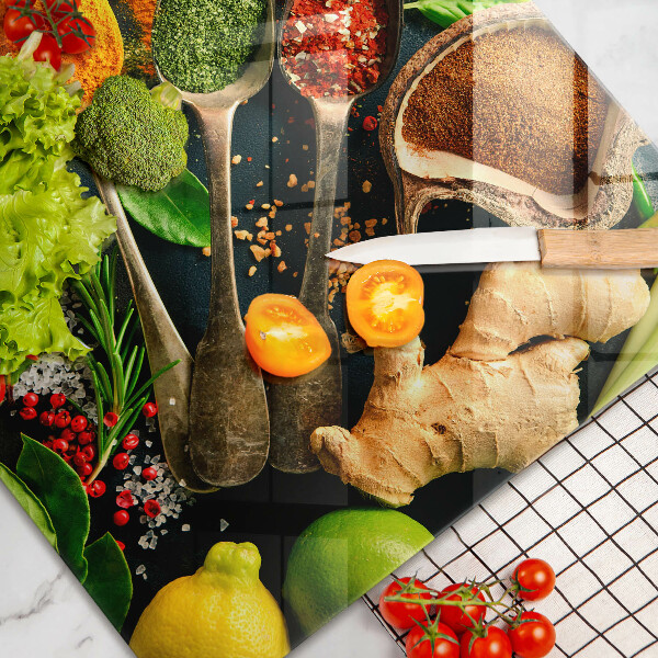 Glass kitchen board Kitchen spices of spoon